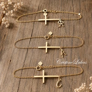 Small Sideways Cross Bracelet with Personalized Initial, Sterling Silver, Double Chain.