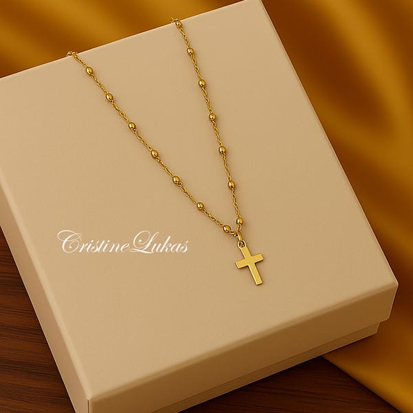 14K Solid Gold or 14K Gold Filled Mini Cross Necklace With Beaded Satellite Chain, Classic Gift for Woman or Girl, Religious Spiritual Gift.