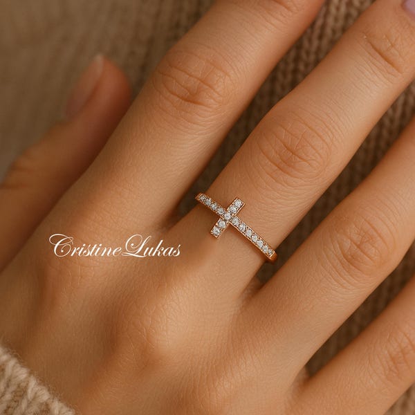 Sideways Cross Ring With Clear CZ Stones, Sterling Silver, Yellow or Rose Gold, Stacking Religious Ring.