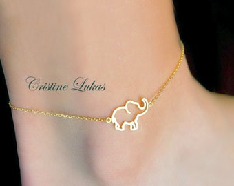 Elephant Anklet in Sterling Silver, Yellow or Rose Gold - Baby Elephant, Good Luck Amulet Jewelry for Woman or Girl. Peace & Strength