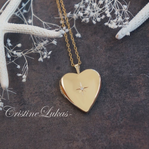 14K Solid Gold Heart Locket With Diamond .04ct Personalize Etsy