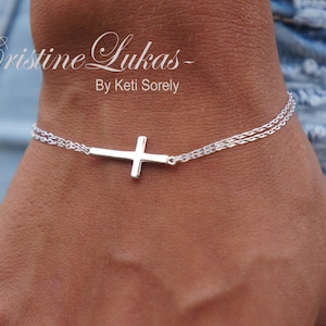 10K, 14K, 18K Solid Gold Celebrity Style Sideways Cross Bracelet or Anklet - Yellow, White or Rose, Kids or Adults Sizes, Sturdy Bracelet.