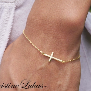 10K, 14K o 18K oro sólido estilo celebridad pequeño lateral pulsera cruzada, rosa amarilla o oro blanco, regalo religioso.