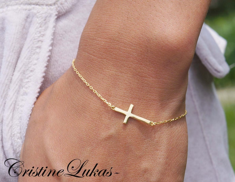 Yellow 10K or 14K Solid Gold Celebrity Style Small Sideways Cross Bracelet Rose or White Gold