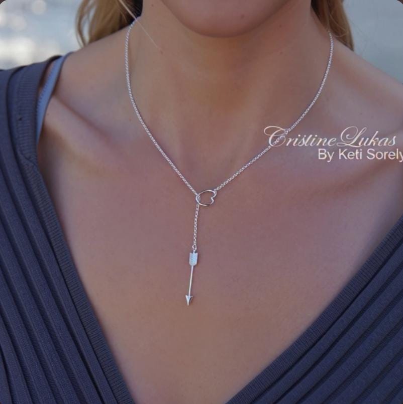Solid Gold Lariat Arrow Necklace With Heart, Heart & Arrow