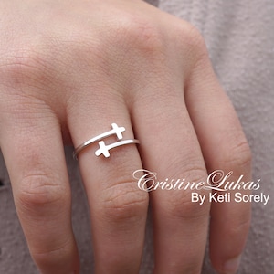 Mini Cross Ring - Double Wrap Sideways Cross Rings, By-Pass Ring in Sterling Silver, Yellow Gold or Rose Gold - Adjustable Religious Ring