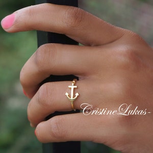 Sideways Anchor Ring in Gold or Sterling Silver - Sideways Anchor Ring With Cross - Horizontal Anchor Ring - Yellow Gold or Rose Gold