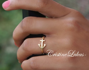 Sideways Anchor Ring in Gold or Sterling Silver - Sideways Anchor Ring With Cross - Horizontal Anchor Ring - Yellow Gold or Rose Gold