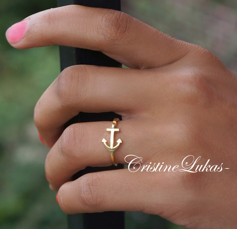 Sideways Anchor Ring in Gold or Sterling Silver Sideways Anchor Ring With Cross Horizontal Anchor Ring Yellow Gold or Rose Gold image 1