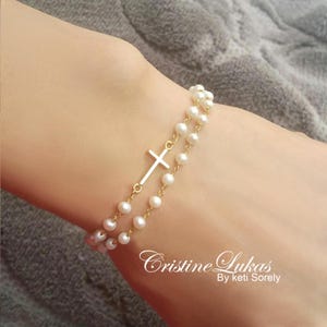 Natural Pearl Bracelet with Sideways Cross Bracelet, Double String Freshwater Pearl Bracelet in Sterling Silver, Yellow Gold or Rose Gold