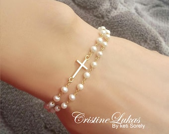Natural Pearl Bracelet with Sideways Cross Bracelet, Double String Freshwater Pearl Bracelet in Sterling Silver, Yellow Gold or Rose Gold