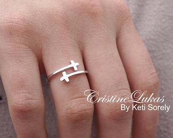 Mini anelli a croce laterale a doppio giro, croci bypass in argento sterling, oro giallo o rosa, anello regolabile per figlia, madre, sorella
