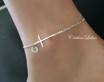 Sideways Cross Bracelet or Anklet W/ Figaro Chain & Engraved Initial Charm, Personalized Cross Bracelet in Sterling, Yellow or Rose Gold.