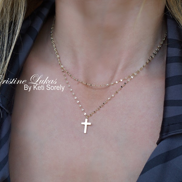 Layered Cross Necklace With Specialty Chain, Double Chain Cross Necklace in Yellow Gold, Sterling Silver or Rose Gold, Kid or Adult.