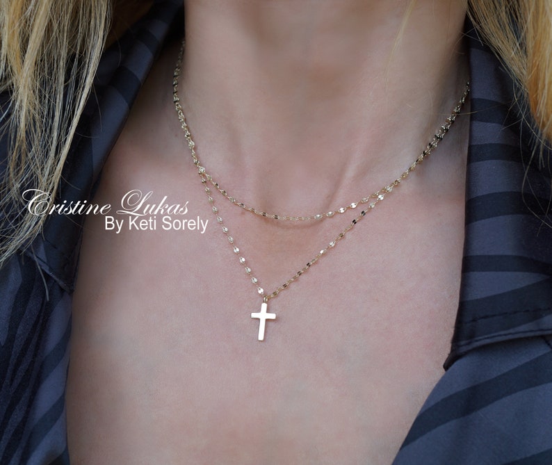 Layered Cross Necklace With Specialty Chain, Double Chain Cross Necklace in Yellow Gold, Sterling Silver or Rose Gold, Kid or Adult. 