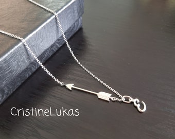 Sideways Arrow Necklace With Personalized Initial in Sterling Silver, New Destination, Love, Devotion, Graduation Gift For Woman.