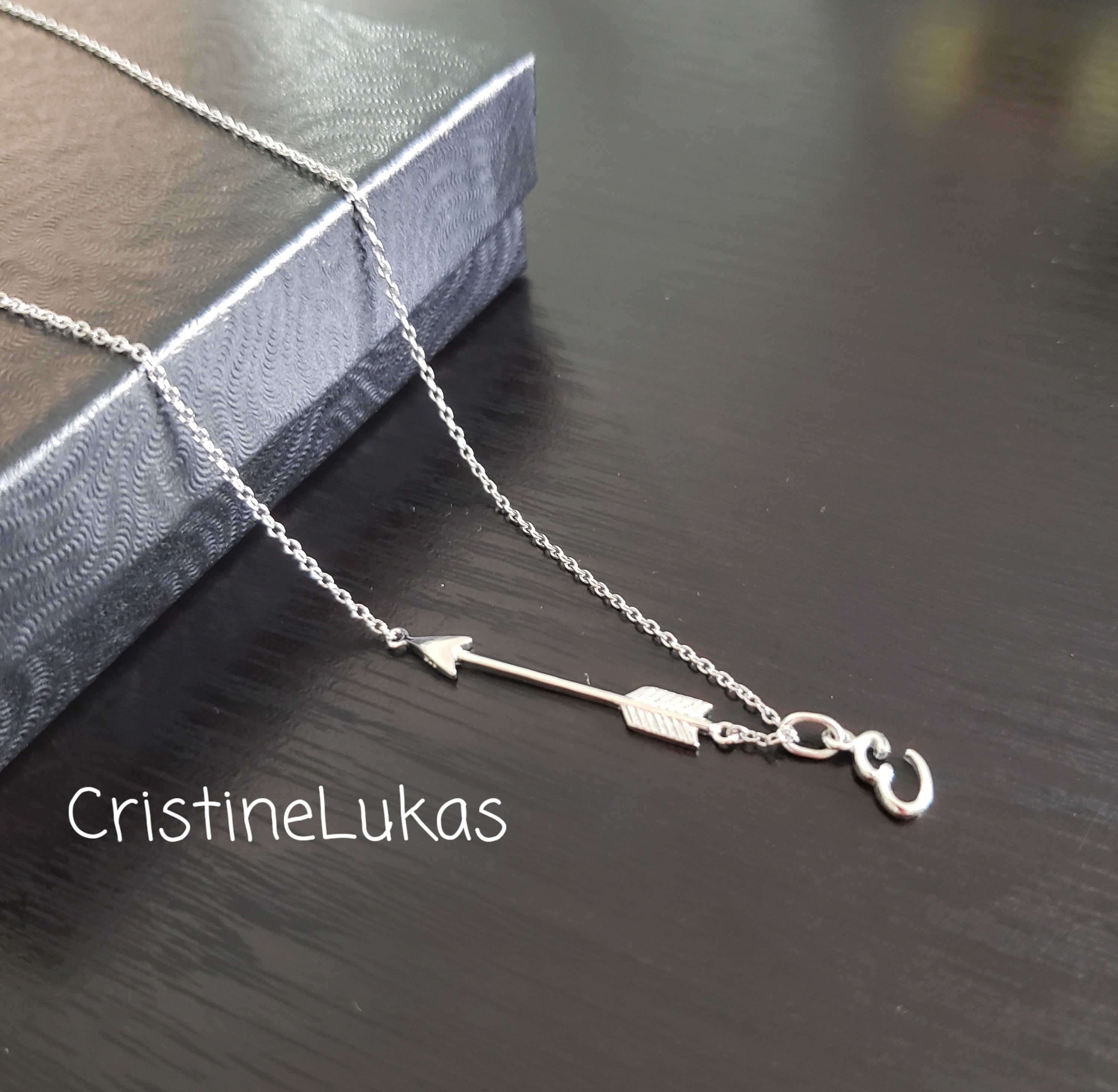 Sideways Arrow Necklace With Personalized Initial in Sterling Silver, New Destination, Love, Devotion, Graduation Gift For Woman.