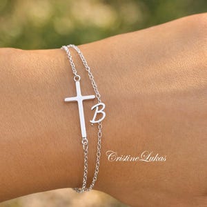 Layered Sideways Cross Bracelet or Anklet with Dainty Initial, Personalized Initial Bracelet, Silver, Yellow Gold, Rose Gold or White Gold