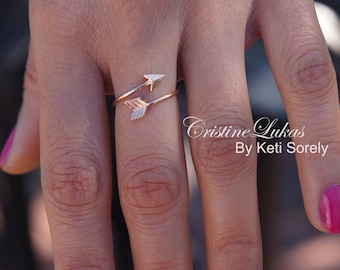 Yellow Gold Arrow Ring - Open Arrow Ring  -  Sideways Arrow Ring - Double Wrap Ring - Sterling Silver with Yellow Gold Overly