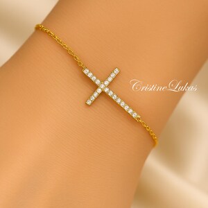 10K, 14K or 18K Solid Gold Celebrity Style Small Sideways Cross Bracelet With Cubic Zirconia Stones - Religious Bracelet On Sale