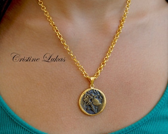 SALE! Ancient Coin Necklace - Large Vintage Looking Coin Necklace in Yellow Gold Overlay, Antiqued Gift for man or Woman