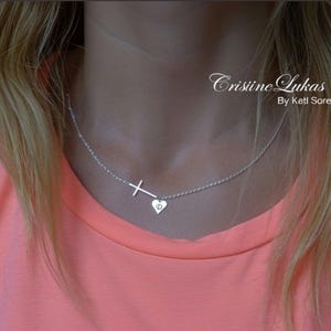 10K, 14K or 18K Soid Gold Sideways Cross Necklace With Engraved Initial Heart For Wife, Girlfriend, Daughter, Faith Inspirational Gilt.