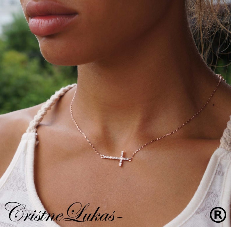 Sideways Cross Necklace Horizontal Cross With Cubic Zirconia Etsy