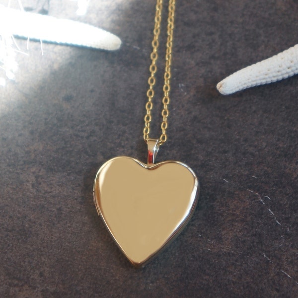 14k Gold Filled Engravable Heart Locket Necklace with Gold Filled Chain - Customize It With Photos, Engrave Front and Back.