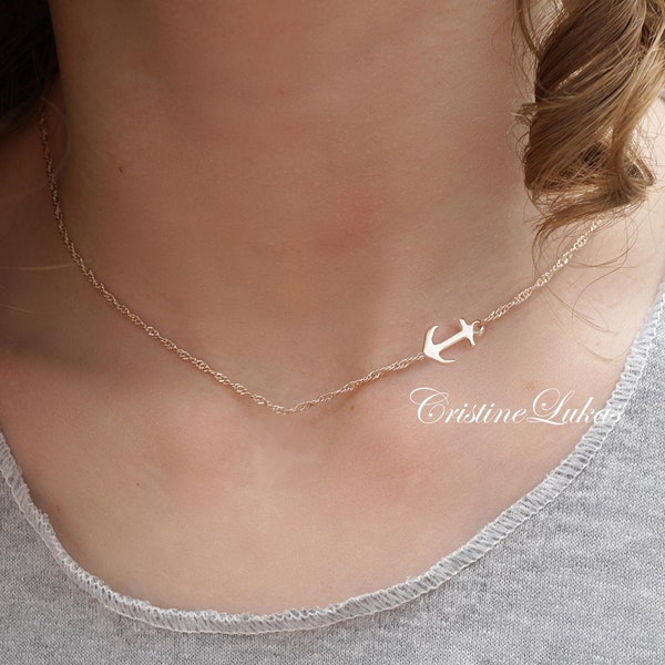 Collar de ancla lateral, plata Stirling u oro macizo de 18 quilates con cadena Singapur brillante, regalo para mujer