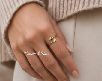 Seitlich Pfeil Ring, Double Wrap Verstellbar Ring in Sterling Silber, Gelb oder Rose Gold