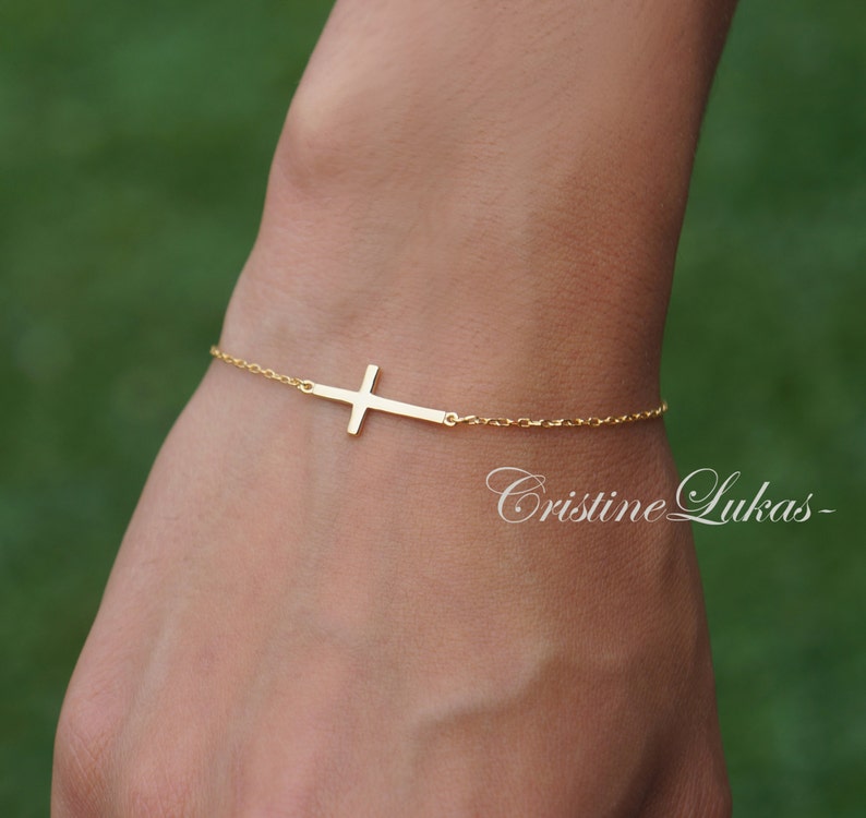 Yellow 10K or 14K Solid Gold Celebrity Style Small Sideways Cross Bracelet Rose or White Gold