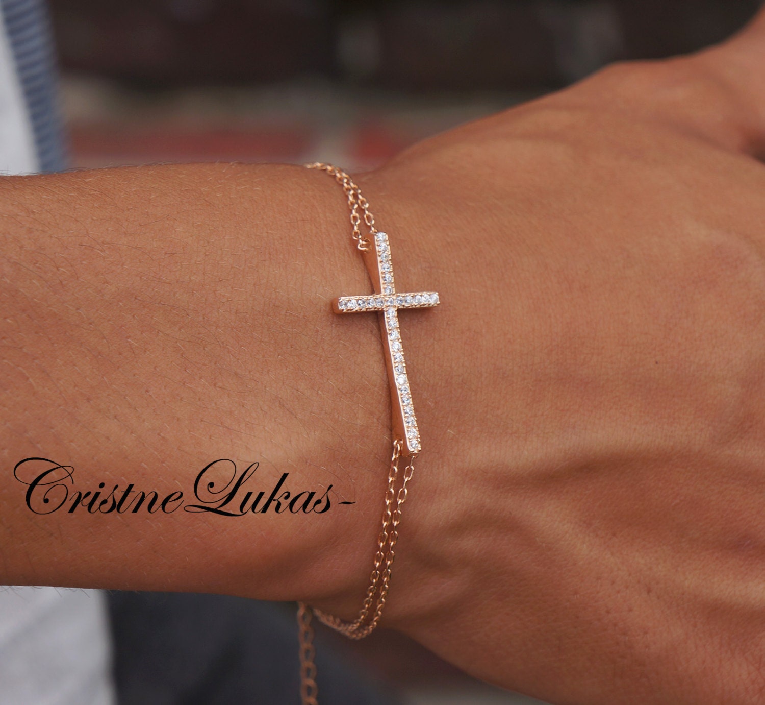 【関税込み】Alan Crocetti ブレスレット Sideways Cross Bracelet With CZ Stones. Celebrity Style