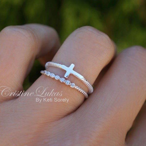 Sideways Cross Ring with CZ Stone Ring - Stacking Ring Set with Twist Rope Band - Sterling Silver - Dainty Cross Ring Set in Yellow or Rose