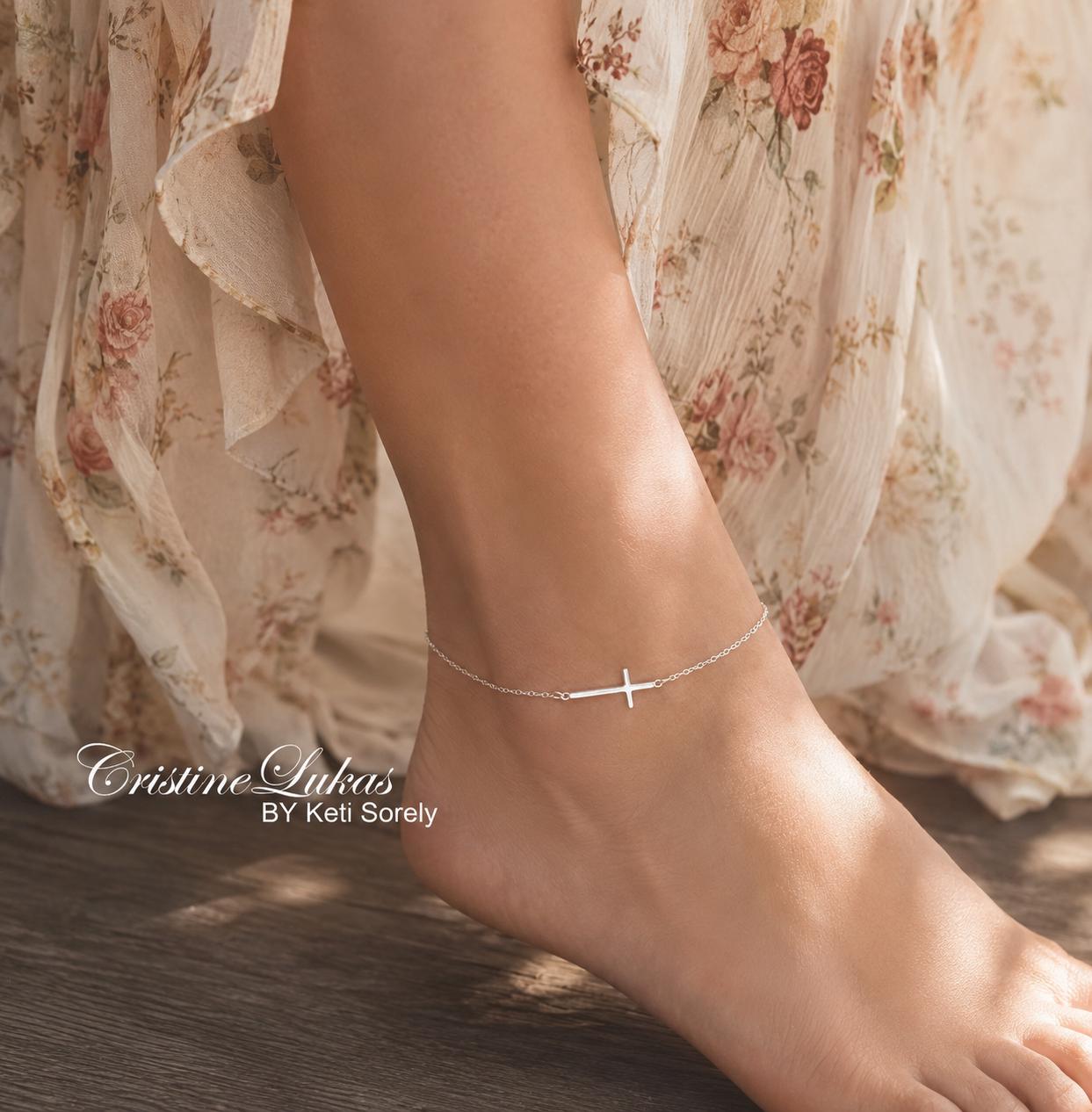 Sideways Cross Anklet in Sterling Silver, Yellow or Rose Gold, Beach…