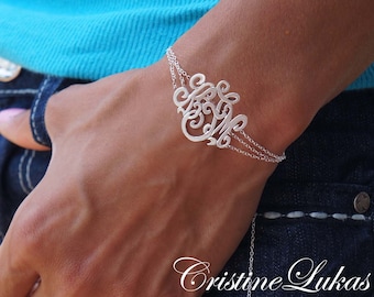 Designer Monogram Bracelet in Sterling Silver or Yellow or Rose Gold Overlay, Initials Bracelet with Triple Chain, Swirly Script Letters