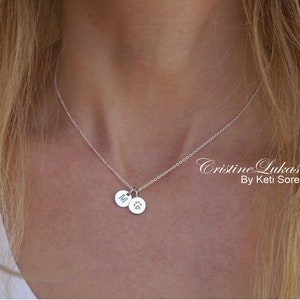 Solid Gold Paw Print Necklace With Engraved Initials Charm, Mini Dog&#39;s Paw, Pet Lover&#39;s Necklace in 10K, 14K or 18K Gold