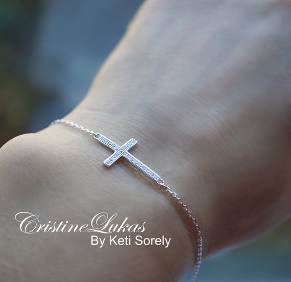 Sideways Cross Bracelet With Cubic Zirconia Stones in Sterling Silver Religious Jewelry for Kid or Adult