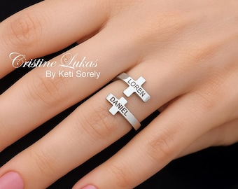 Anillo de Cruz Grabado con Nombres o Fechas, Anillo de Doble Vuelta con Grabado Personalizado en Plata de Ley, Oro de 10K, 14K o 18K.