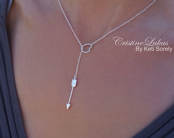 Lariat Arrow Necklace with Heart, Heart & Arrow Necklace in 10K, 14K, 18K Solid Gold or Sterling Silver - Yellow, White and Rose Gold