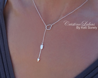 10K, 14K, 18K Solid Gold Lariat Arrow Necklace with Heart, Heart & Arrow Necklace Yellow, White and Rose Gold, Gift For Wife or Girlfriend.