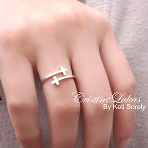 Mini Double Wrap Sideways Cross Rings, By-Pass Crosses in Sterling Silver, Yellow or Rose Gold, Adjustable Ring For Daughter, Mother, Sister