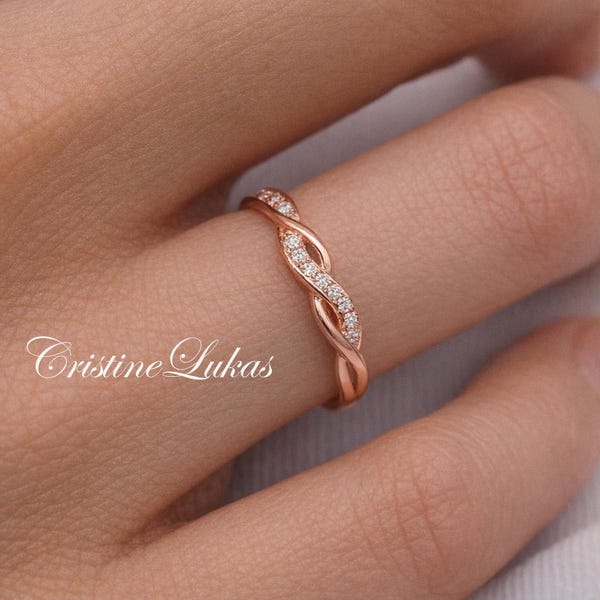 Anillo infinito trenzado con piedras CZ en plata de ley, oro amarillo o rosa, apilable con anillo de compromiso o boda, regalo de novia.
