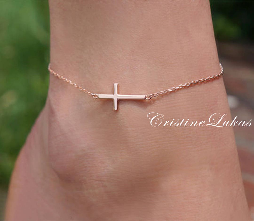 14K Gold Filled Sideways Cross Anklet in Rose Filled or Yellow Gold Filled, Religious Anklet
