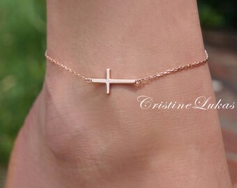 14K Gold-Filled Sideways Cross Anklet, Elegant Gift Crafted in Yellow Gold-filled, Beautiful Expression of Faith and Protection.