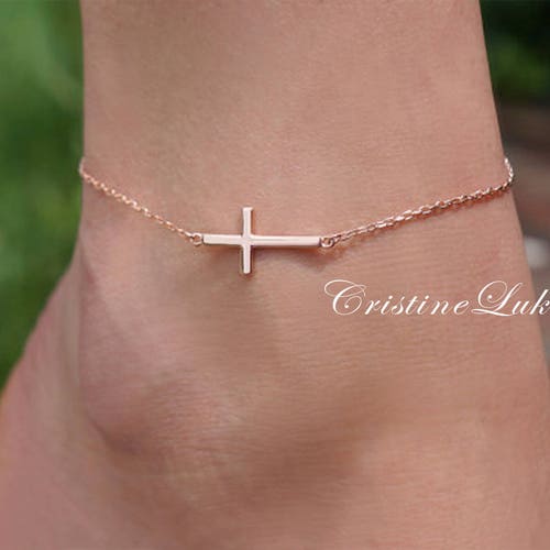 14K Gold Filled Sideways Cross Anklet in Rose Filled or Yellow Etsy