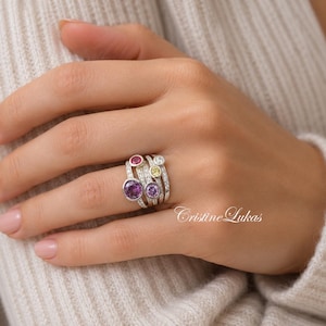 Stapelring set van 5 ringen, sprankelende zirkonia's, amethist, robijn, diamant, citrien en alexandriet.