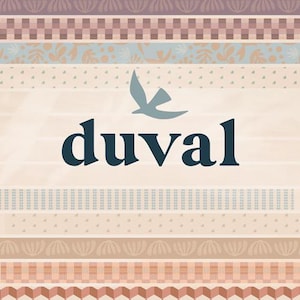 May include: A decorative design featuring horizontal bands in beige, pink, and blue. The word "duval" is displayed in a dark teal font, with a teal bird icon above it. The design incorporates geometric and floral patterns.
