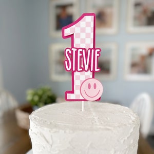 Preppy smiley  first  birthday cake topper , white , pink, checkeded - personalized, smiley face , preppy smiley