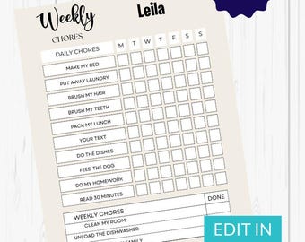 Tablas de tareas / Tabla de tareas para niños / Editable en Canva / Descarga instantánea /