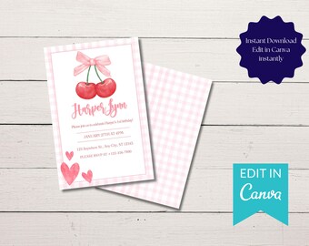 Preppy Cherry Birthday Invitation Template Editable in Canva, Coquette Cherry Invite, Girls Birthday Invitation, Instant Download
